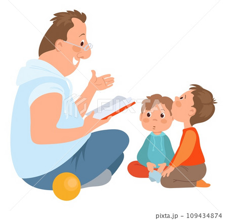 Father with kid. Dad reading for children. Family sitting on floor. Babies listening fairytale story. Man with sons spending time together. Enjoy of literature. Vector fatherhood concept 109434874
