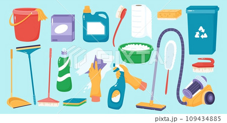 Cleaning supplies. Housekeeping equipment. Chemical detergents. Spray bottle. Washing tools. Bucket and mop. Soap foam. Household accessories for sanitation and hygiene. Recent vector set 109434885