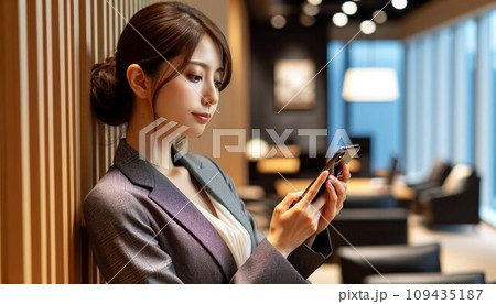 壁に寄りかかってスマホを操作する女性　（AI生成） 109435187