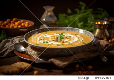 Chickpea soup in a bowl with spices Chickpea soup in a bowl with spices 109435464