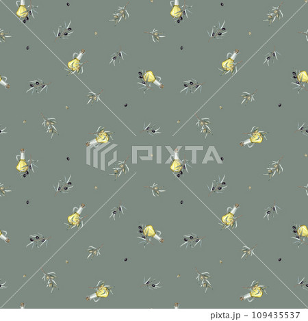 Seamless pattern with Olive oil in glass bottle. Hand drawn illustration isolated background. Natural fresh organic yellow vegetable oil in jar realistic watercolor image. Pure vegan seasoning. 109435537