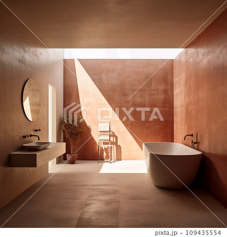 Modern bathroom interior with terracotta walls, freestanding bathtub Modern bathroom interior with terracotta walls, freestanding bathtub 109435554