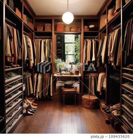 Elegant walk-in closet with organized clothing, shoes, and accessories, warm lighting Elegant walk-in closet with organized clothing, shoes, and accessories, warm lighting 109435620