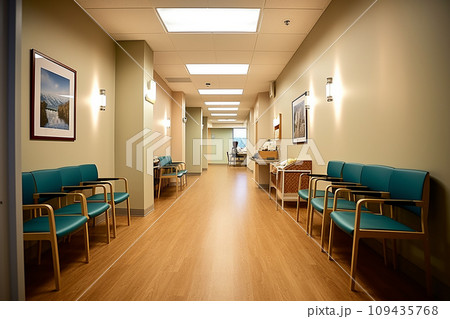 Empty hospital waiting room with blue chairs and paintings on the wall 109435768