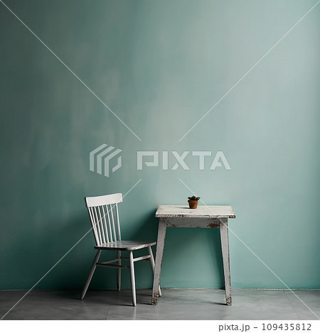Minimalistic interior with white ruined wooden chair and table 109435812