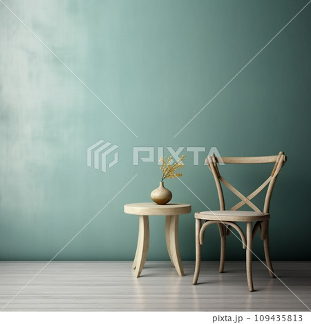 Minimalist interior design with wooden chair and table with potted plant 109435813