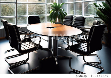 Empty and bright meeting room in a office, elegant workplace with a round table, chairs and plants Empty and bright meeting room in a office, elegant workplace with a round table, chairs and plants 109435825