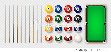 Billiard balls with numbers, various cues and green pool table. Glossy snooker ball. Sports equipment, recreation and hobby, competitive game. Vector illustration Billiard balls with numbers, various cues and green pool table. Glossy snooker ball. Sports equipment, recreation and hobby, competitive game. Vector illustration 109436028