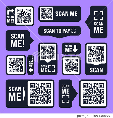 Scan me QR code sticker. Online payment. Special offer sale stickers, shopping discount label or promotional badge. Serial number, product ID. Supermarket retail label, price tag. Vector illustration 109436055