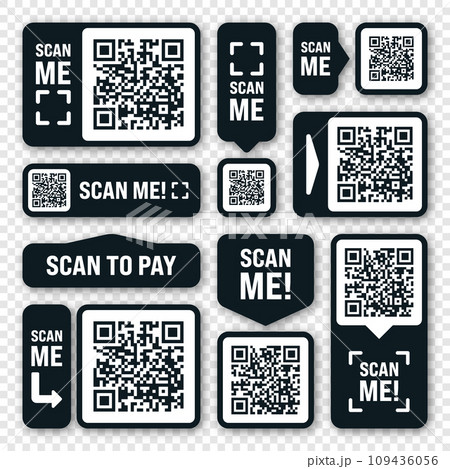 Scan me QR code sticker. Online payment. Special offer sale stickers, shopping discount label or promotional badge. Serial number, product ID. Supermarket retail label, price tag. Vector illustration 109436056
