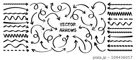 Hand drawn arrows, highlighter lines. Marker stroke, brush pen drawn underline. Handwritten text pointers, notes, marks. Vector illustration 109436057