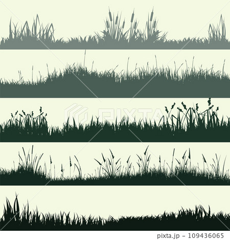 Meadow silhouettes with grass, plants on plain. Panoramic summer lawn landscape with herbs, various weeds. Herbal border, frame element. Green horizontal banners. Vector illustration Meadow silhouettes with grass, plants on plain. Panoramic summer lawn landscape with herbs, various weeds. Herbal border, frame element. Green horizontal banners. Vector illustration 109436065