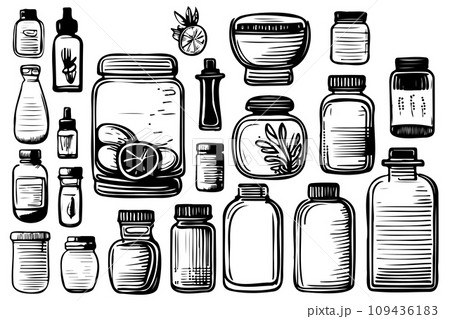 Different types of bottles thin vector icon set, black and white kit 109436183