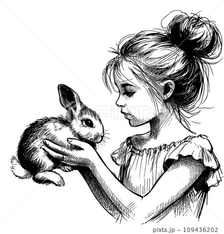 little girl holding a bunny in her arms hand drawn sketch for your design, animal protection and easter concept 109436202