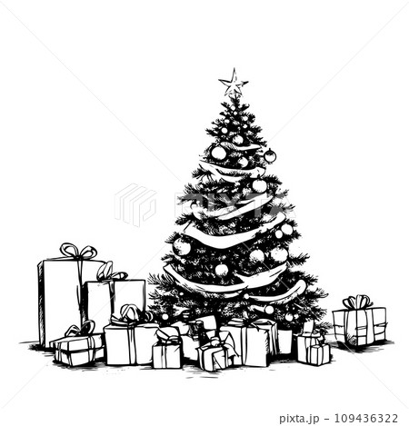 Hand drawn Christmas tree and presents. Vector illustration sketch, line art.. Hand drawn Christmas tree and presents. Vector illustration sketch, line art.. 109436322