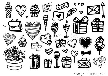 Hearts Saint Valentine Day design elements. sketch set hand drawn design elements for valentines 109436457