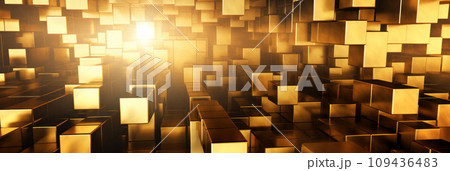 Wide banner with abstract pattern of gold blocks, metal shiny cubes texture background. Golden wall with shapes and light. Concept of business, luxury design, technology, building 109436483