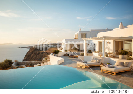 Luxury resort hotel with pool and white house by sea at sunset in summer. Rich mansion with terrace near beach in Greek style. Concept of villa, property, Greece and travel 109436505