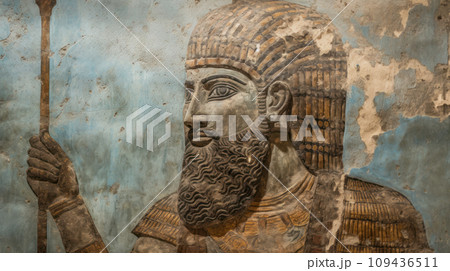 Sumerian wall painting, face of warrior or king is on plaster in Middle East. Old fresco of Ancient Babylonian civilization in Mesopotamia, art and history of Iraq, Babylon 109436511
