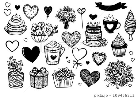 Vector illustrations with drawings for valentines day. sketch set of hand drawn design elements for valentines, gift tags, greeting cards. Vector illustrations with drawings for valentines day. sketch set of hand drawn design elements for valentines, gift tags, greeting cards. 109436513