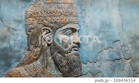 Sumerian wall art background, bearded king face painted on damaged plaster in Middle East. Cracked fresco of Ancient Babylonian civilization in Mesopotamia. Theme of Iraq, Babylon Sumerian wall art background, bearded king face painted on damaged plaster in Middle East. Cracked fresco of Ancient Babylonian civilization in Mesopotamia. Theme of Iraq, Babylon 109436514