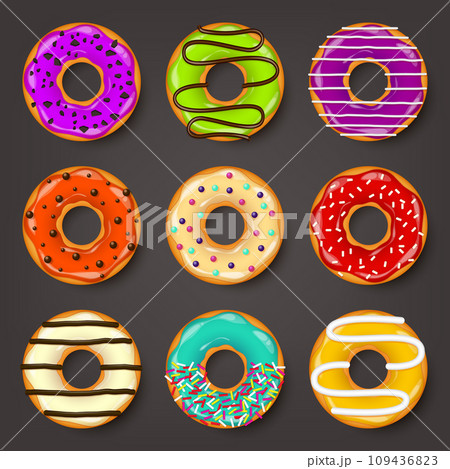Donut, begel with cream. Cookies,cookie cake set. Sweet dessert with sugar and caramel. Tasty breakfast cooking. Cafateria food, snack. Coffee shop.Vector illustration. 109436823