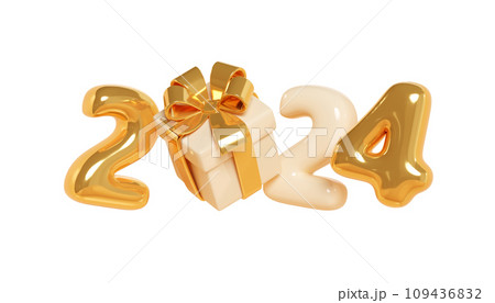 2024 inflatable golden balloon text with Christmas gift box with ribbon and bow 3d render illustration. Cartoon gold glossy number for 2024 New Year and Xmas greeting or sale design, party invitation. 109436832