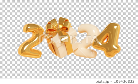 2024 inflatable golden balloon text with Christmas gift box with ribbon and bow 3d render illustration. Cartoon gold glossy number for 2024 New Year and Xmas greeting or sale design, party invitation. 109436832