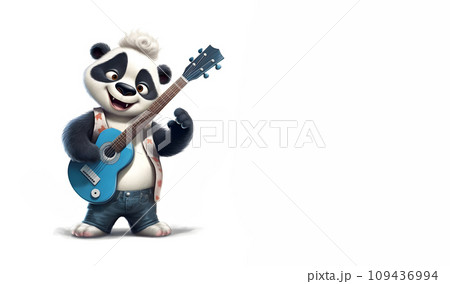 Panda kid with a guitar. Horizontal white background with space to copy space. Cartoon style. Generative AI 109436994