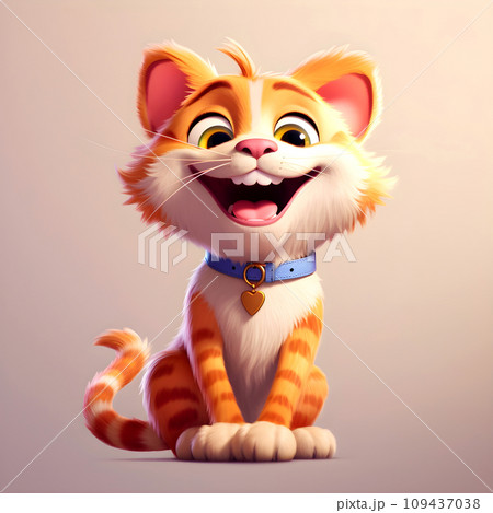 Cute red-haired cartoon kitten close-up on pink background. Generative AI 109437038