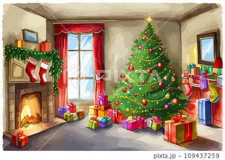 AI-generated content. Watercolor Christmas tree with toys and gifts on background fireplace AI-generated content. Watercolor Christmas tree with toys and gifts on background fireplace 109437259