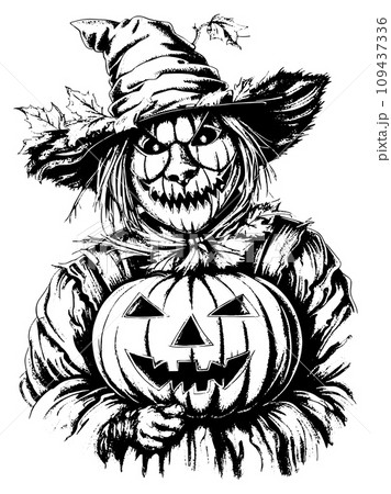 Cartoon scary scarecrow made of pumpkin on white background, sketch vector Cartoon scary scarecrow made of pumpkin on white background, sketch vector 109437336
