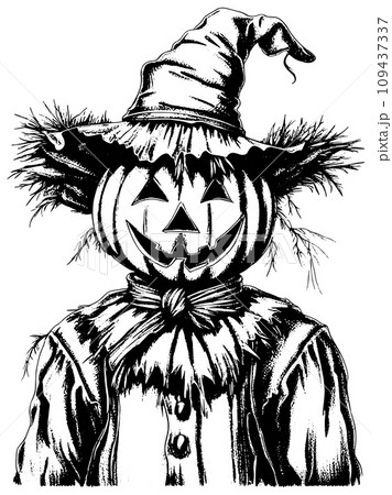 Cartoon scary scarecrow made of pumpkin on white background, sketch vector Cartoon scary scarecrow made of pumpkin on white background, sketch vector 109437337