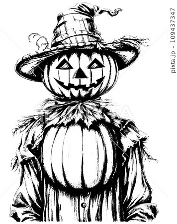 Doodle scarecrow scarecrow from pumpkin on white background, sketch vector 109437347