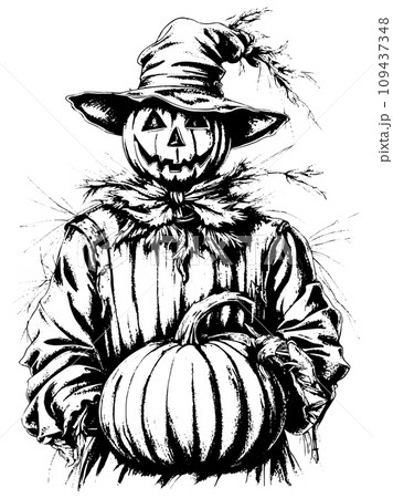 Cartoon scary scarecrow made of pumpkin on white background, sketch vector 109437348