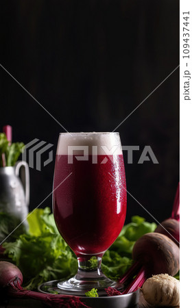 Beer. Red IPA and beets on a black background. Beer. Red IPA and beets on a black background. 109437441
