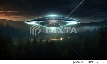 Futuristic alien spaceship flying over the forest. Futuristic alien spaceship flying over the forest. 109437687