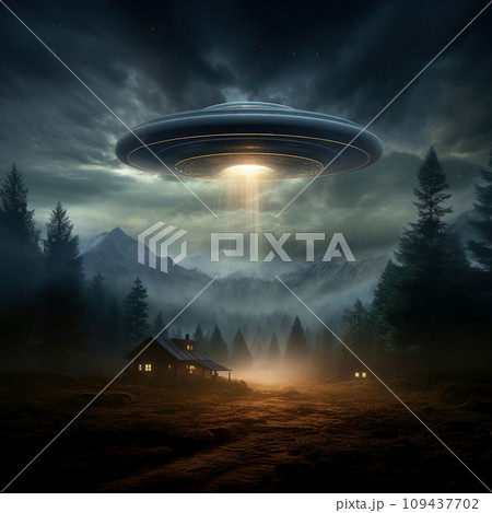 A UFO flies over a night village in the mountains. A UFO flies over a night village in the mountains. 109437702