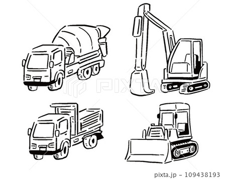 工事現場の乗り物イラストセット 手描き風 線画 工事現場の乗り物イラストセット 手描き風 線画 109438193
