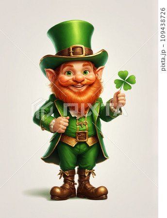 Enchanting leprechaun with a four-leaf clover in hand, St. Patrick's Day 109438726