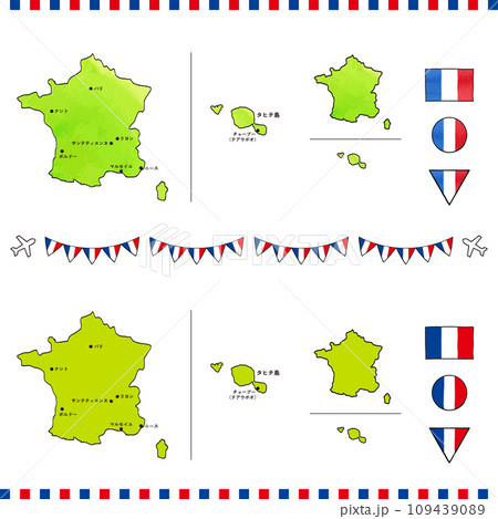 フランスの地図と国旗の手描きイラストセット 水彩 フランスの地図と国旗の手描きイラストセット 水彩 109439089
