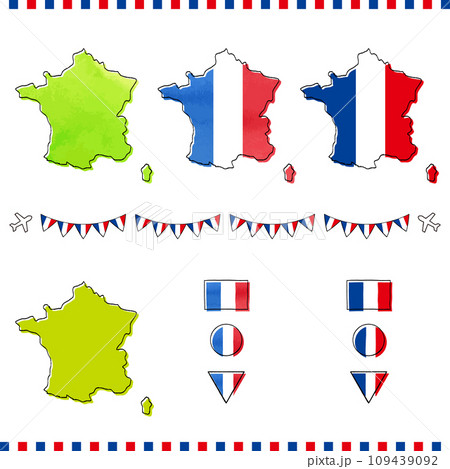 フランスの地図と国旗の手描きイラストセット　水彩 109439092