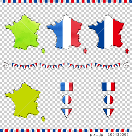 フランスの地図と国旗の手描きイラストセット　水彩 109439092