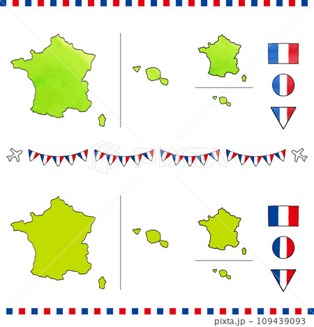 フランスの地図と国旗の手描きイラストセット　水彩 109439093