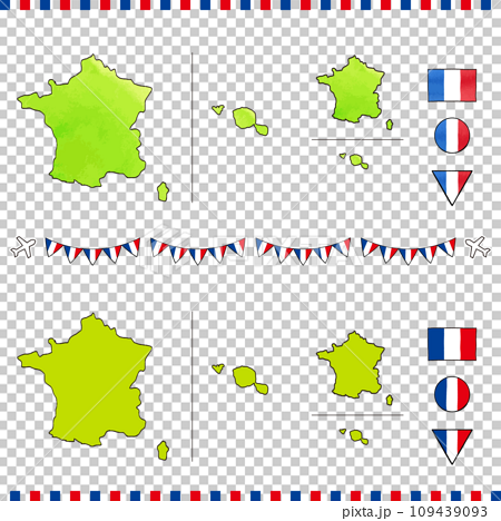 フランスの地図と国旗の手描きイラストセット　水彩 109439093