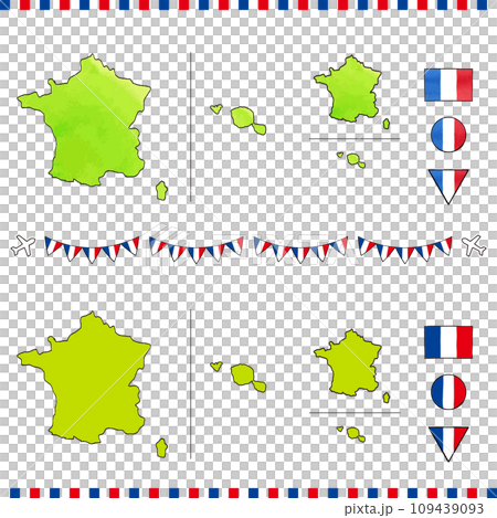 フランスの地図と国旗の手描きイラストセット　水彩 109439093