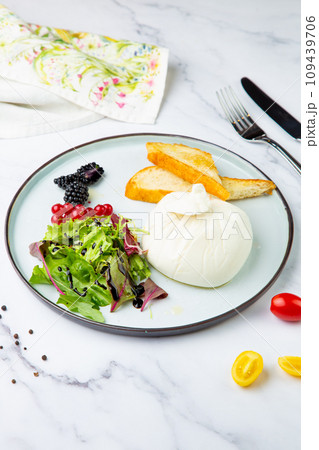 mozzarella with spinach, cherry tomatoes, wild berries and bread side view 109439706
