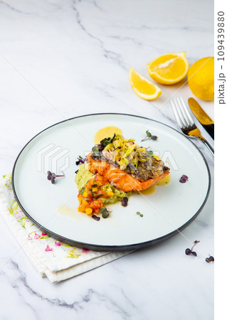 red fish with vegetable sauce and puree on a round plate side view red fish with vegetable sauce and puree on a round plate side view 109439880