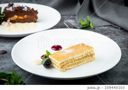 white sponge cake with drops of syrup, mint and wild berries on a round plate side veiw white sponge cake with drops of syrup, mint and wild berries on a round plate side veiw 109440103