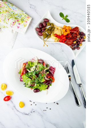 salad of greens, lettuce leaves, cucumbers, pink onions, side view 109440585